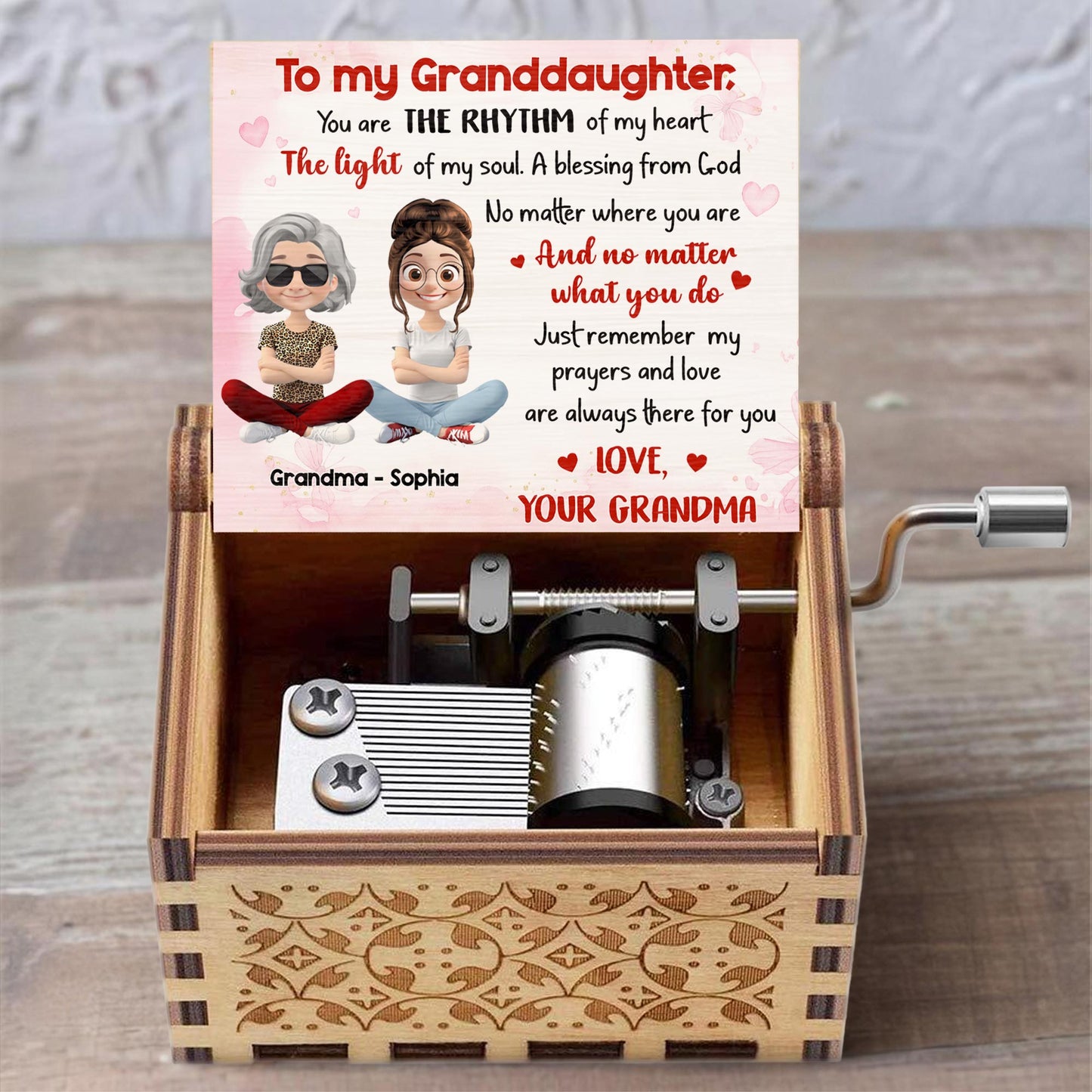 To My Granddaughter, A Blessing From God, Hearts, Grandma And Granddaughter - Custom Music Box With "We Wish You A Merry Christmas" Tune - GDT410_MZX