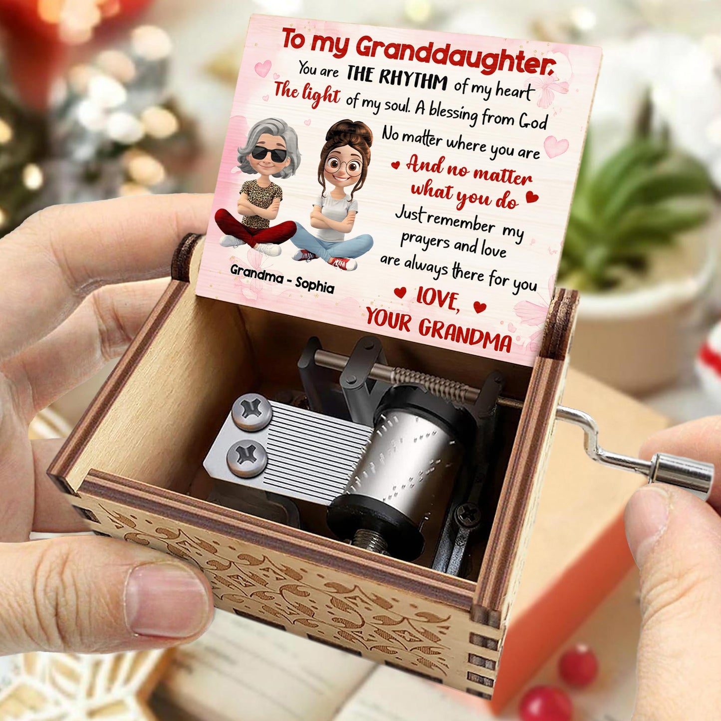 To My Granddaughter, A Blessing From God, Hearts, Grandma And Granddaughter - Custom Music Box With "We Wish You A Merry Christmas" Tune - GDT410_MZX