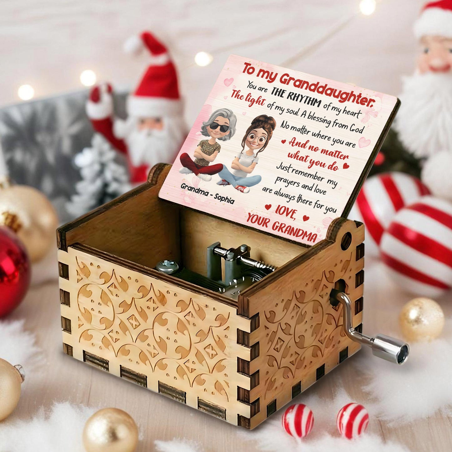 To My Granddaughter, A Blessing From God, Hearts, Grandma And Granddaughter - Custom Music Box With "We Wish You A Merry Christmas" Tune - GDT410_MZX