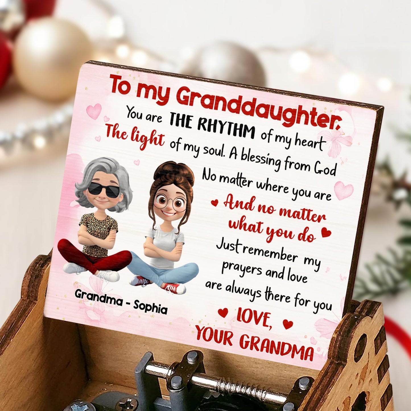 To My Granddaughter, A Blessing From God, Hearts, Grandma And Granddaughter - Custom Music Box With "We Wish You A Merry Christmas" Tune - GDT410_MZX