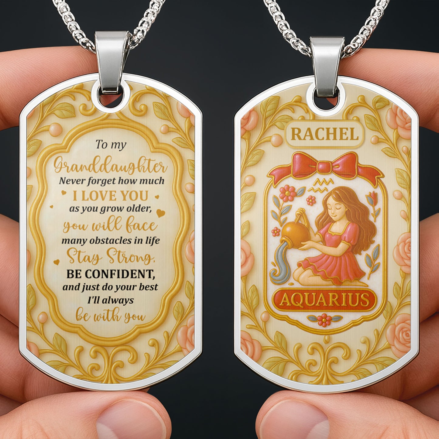 To My Granddaughter, Stay Strong, Floral Patterns - Personalized Custom Dog Tag Necklace - GDT415_DTNECK