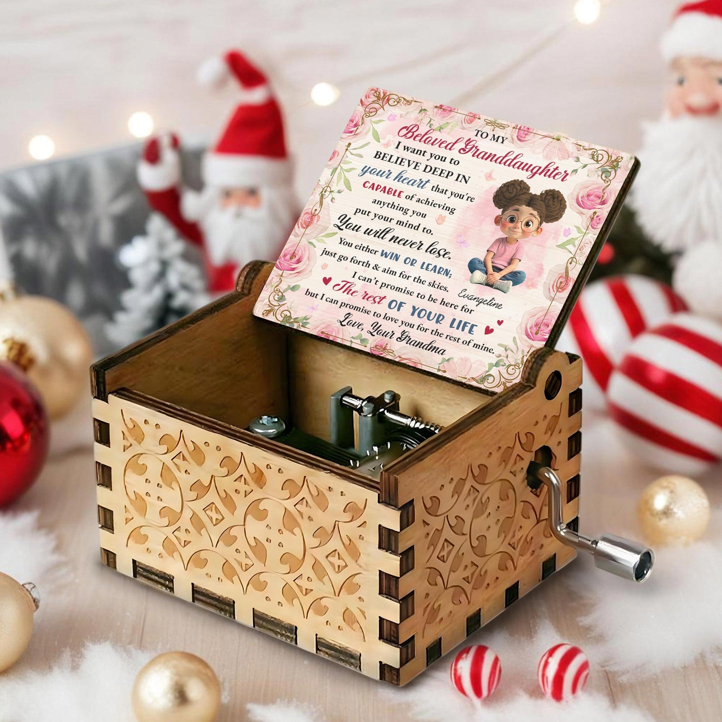 Beloved Granddaughter, Believe In Yourself, Flowers - Custom Music Box With "We Wish You A Merry Christmas" Tune - GDT422_MZX