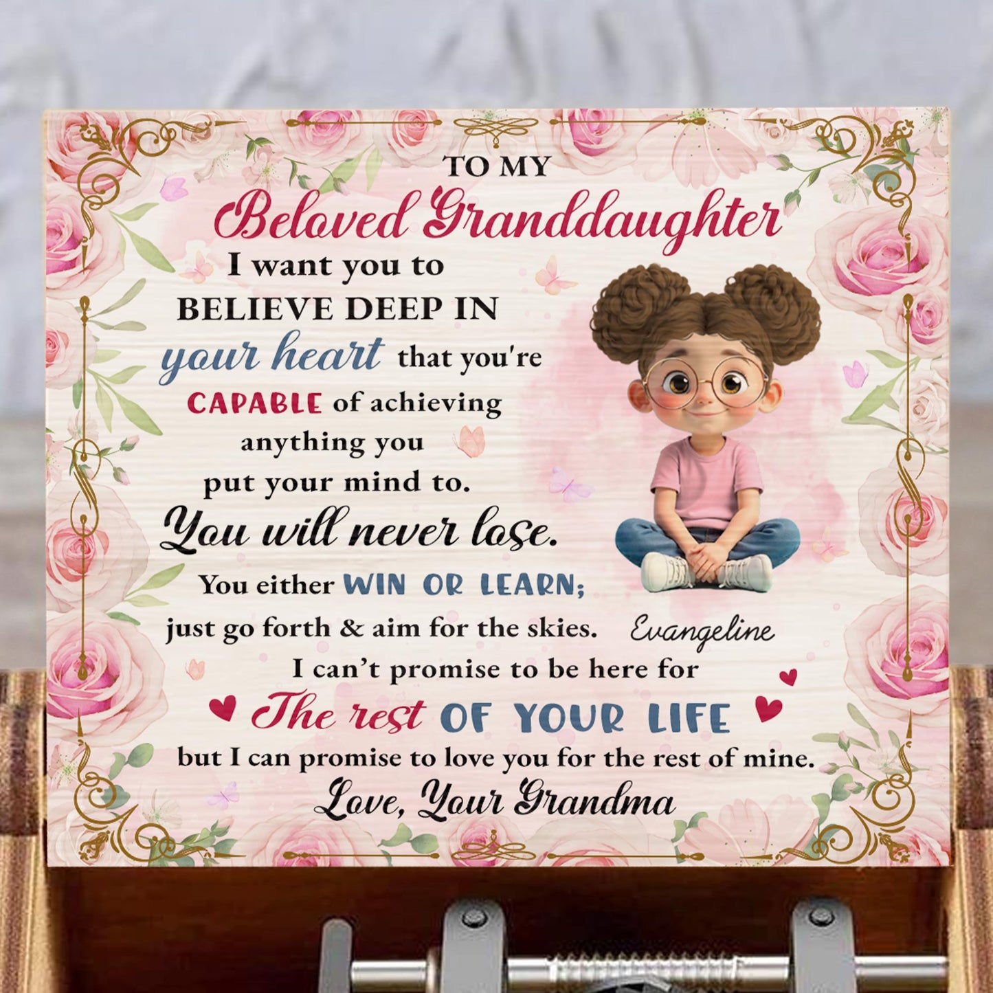 Beloved Granddaughter, Believe In Yourself, Flowers - Custom Music Box With "We Wish You A Merry Christmas" Tune - GDT422_MZX