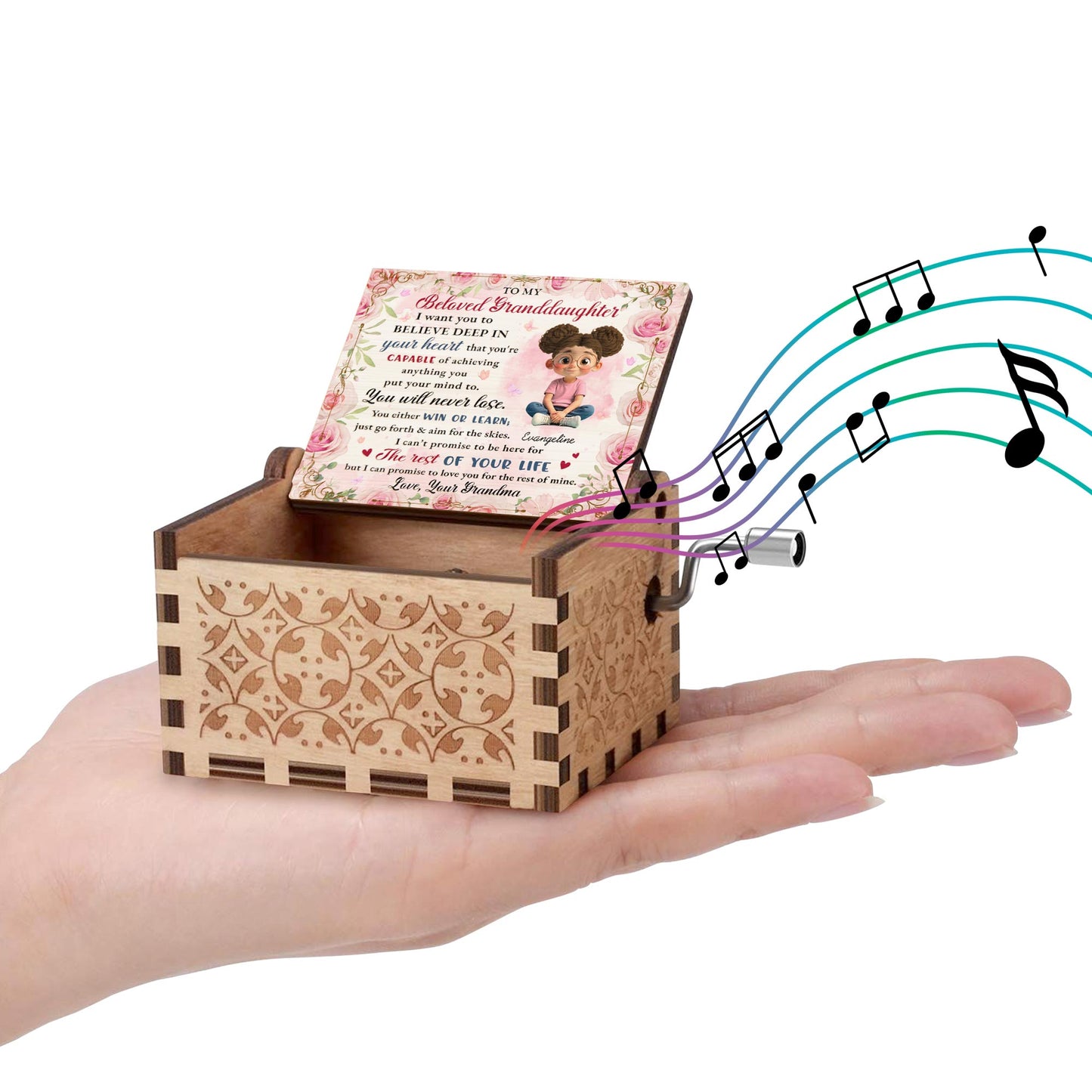 Beloved Granddaughter, Believe In Yourself, Flowers - Custom Music Box With "We Wish You A Merry Christmas" Tune - GDT422_MZX