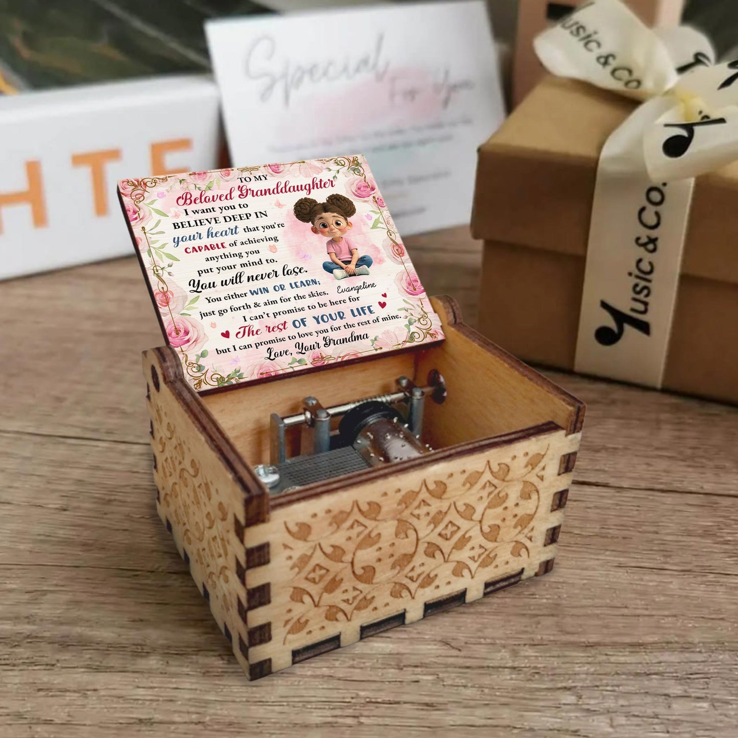 Beloved Granddaughter, Believe In Yourself, Flowers - Custom Music Box With "We Wish You A Merry Christmas" Tune - GDT422_MZX