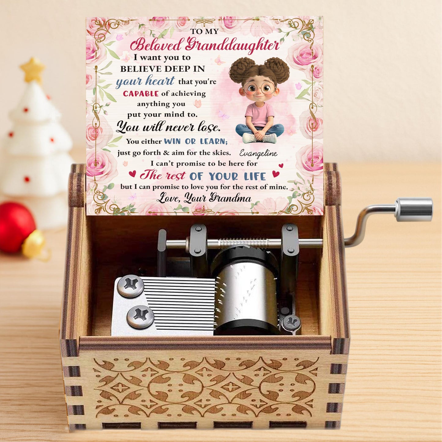 Beloved Granddaughter, Believe In Yourself, Flowers - Custom Music Box With "We Wish You A Merry Christmas" Tune - GDT422_MZX
