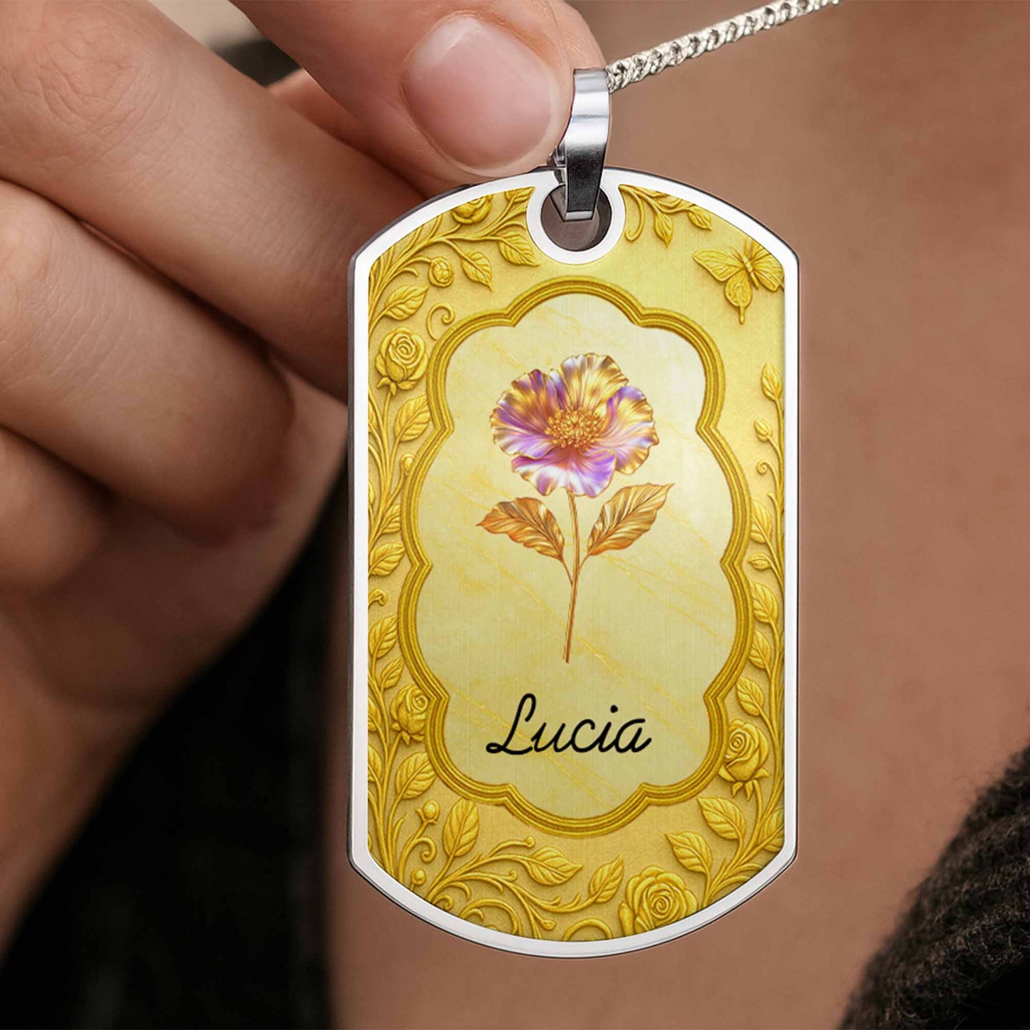 Custom Flower and Name Dog Tag Necklace - Personalized Custom Dog Tag Necklace - GDT426_DTNECK