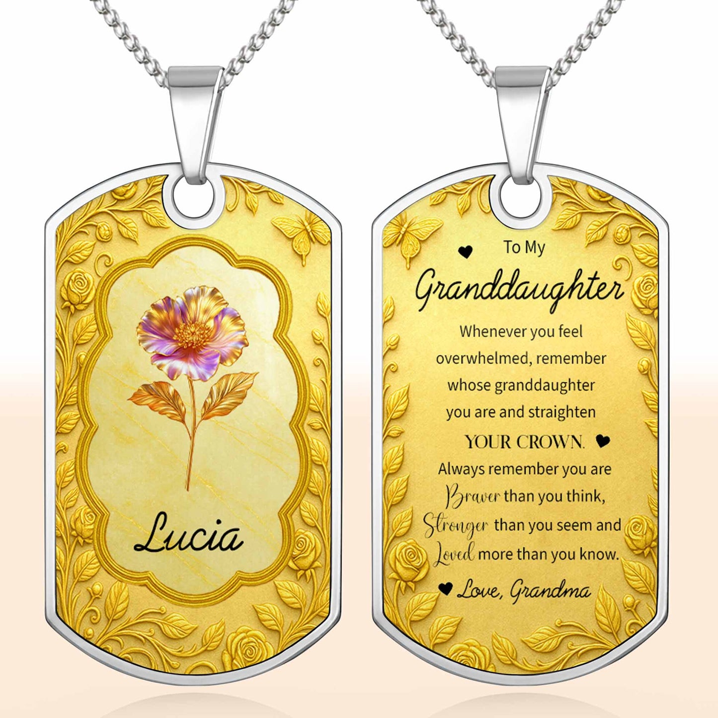 Custom Flower and Name Dog Tag Necklace - Personalized Custom Dog Tag Necklace - GDT426_DTNECK
