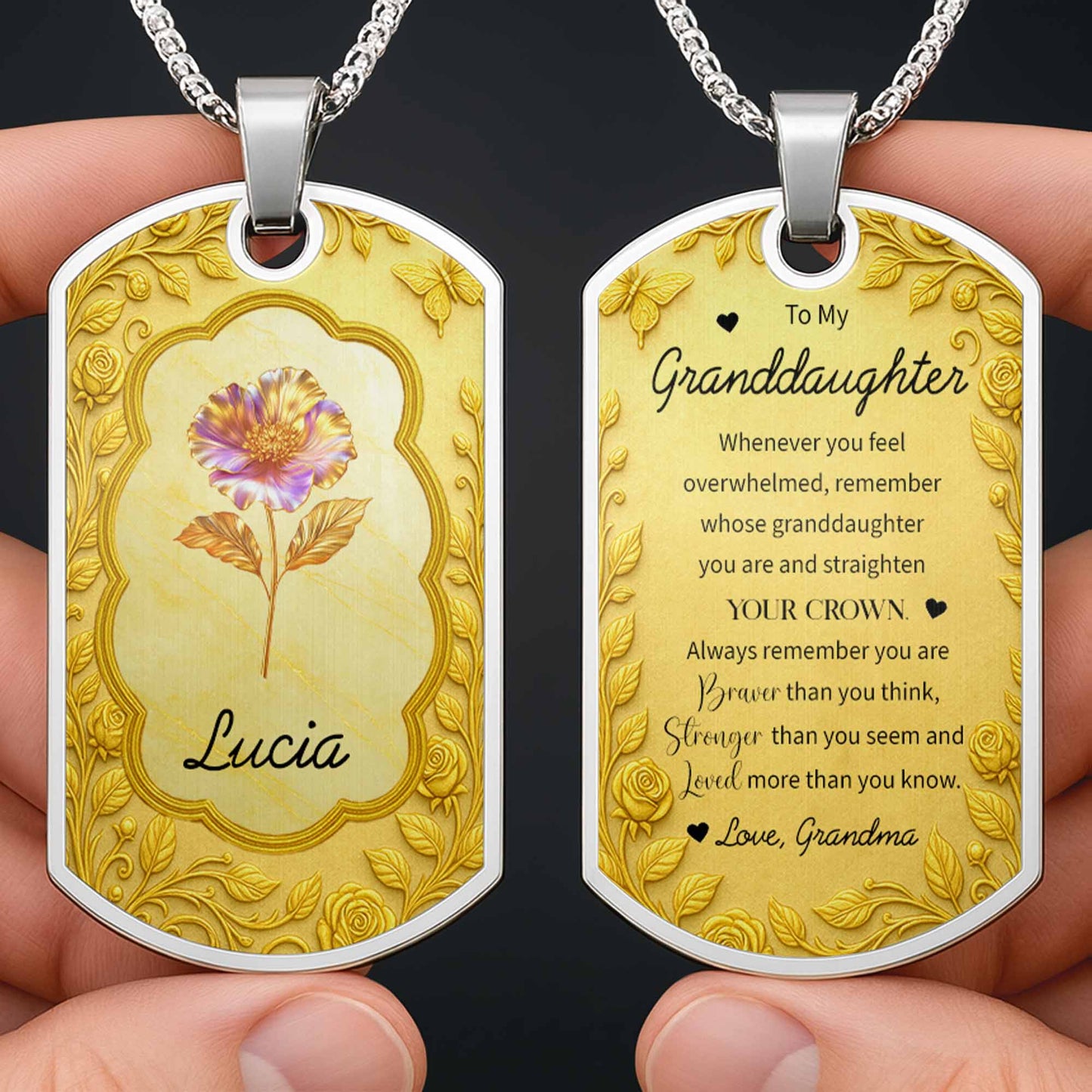 Custom Flower and Name Dog Tag Necklace - Personalized Custom Dog Tag Necklace - GDT426_DTNECK
