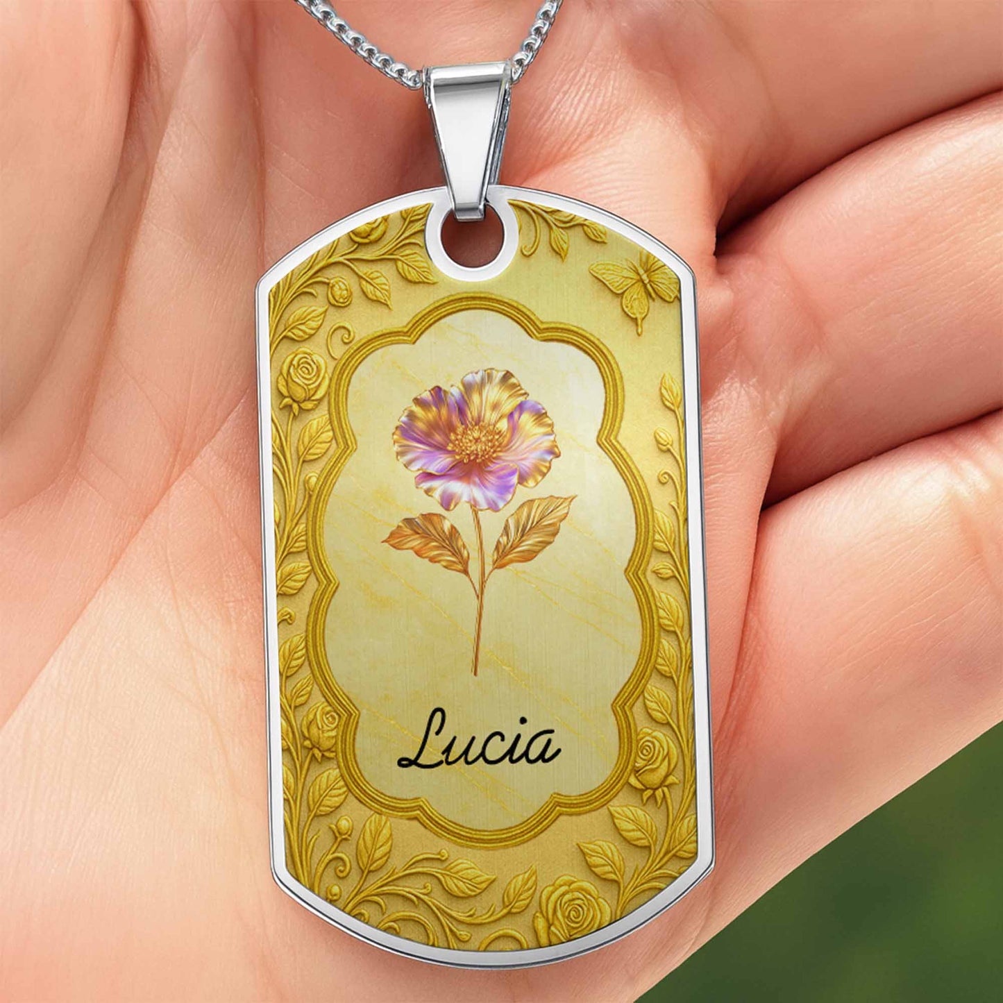 Custom Flower and Name Dog Tag Necklace - Personalized Custom Dog Tag Necklace - GDT426_DTNECK