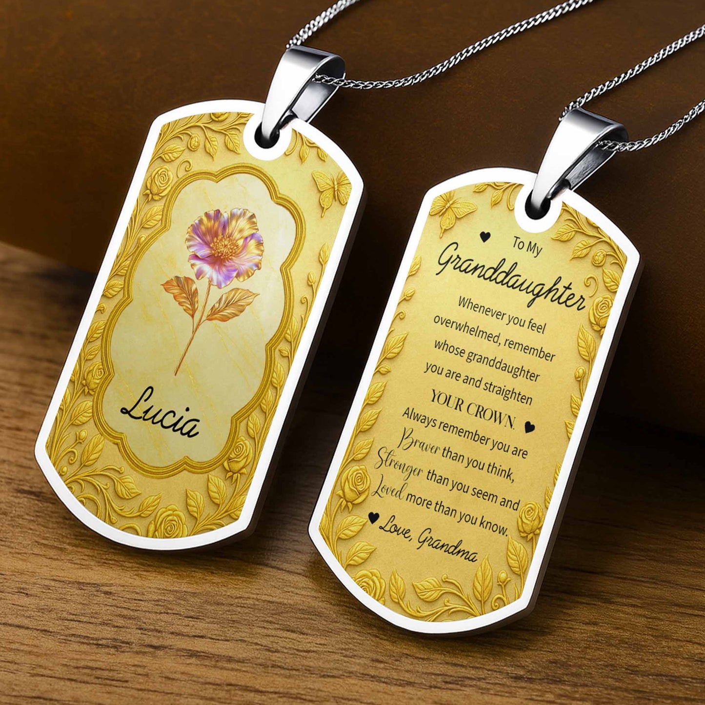 Custom Flower and Name Dog Tag Necklace - Personalized Custom Dog Tag Necklace - GDT426_DTNECK