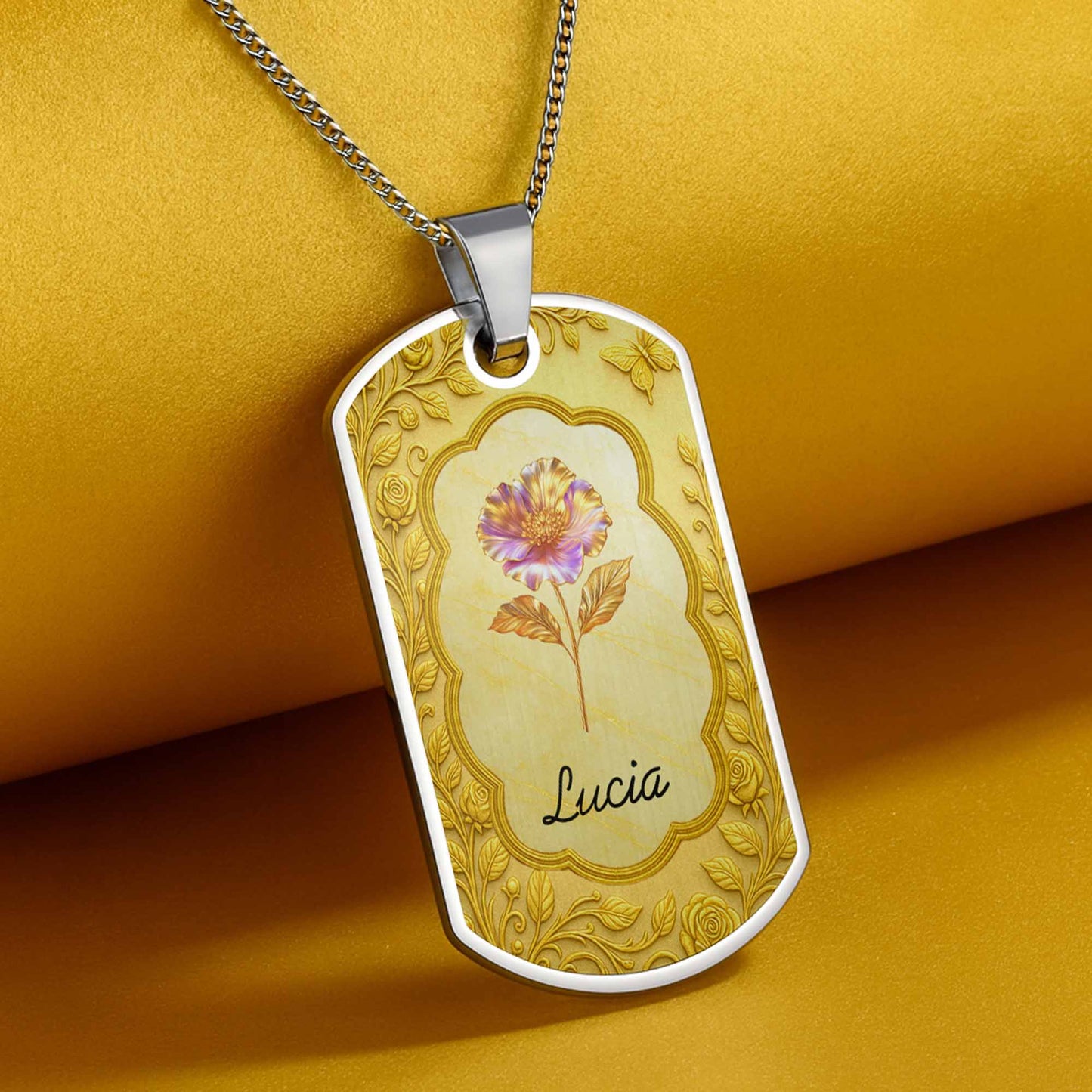 Custom Flower and Name Dog Tag Necklace - Personalized Custom Dog Tag Necklace - GDT426_DTNECK