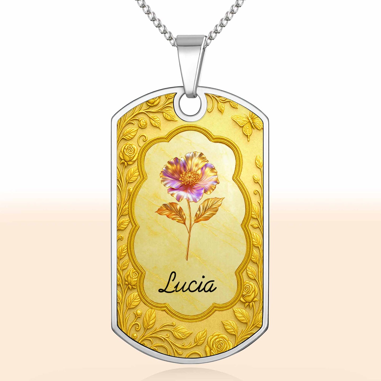 Custom Flower and Name Dog Tag Necklace - Personalized Custom Dog Tag Necklace - GDT426_DTNECK