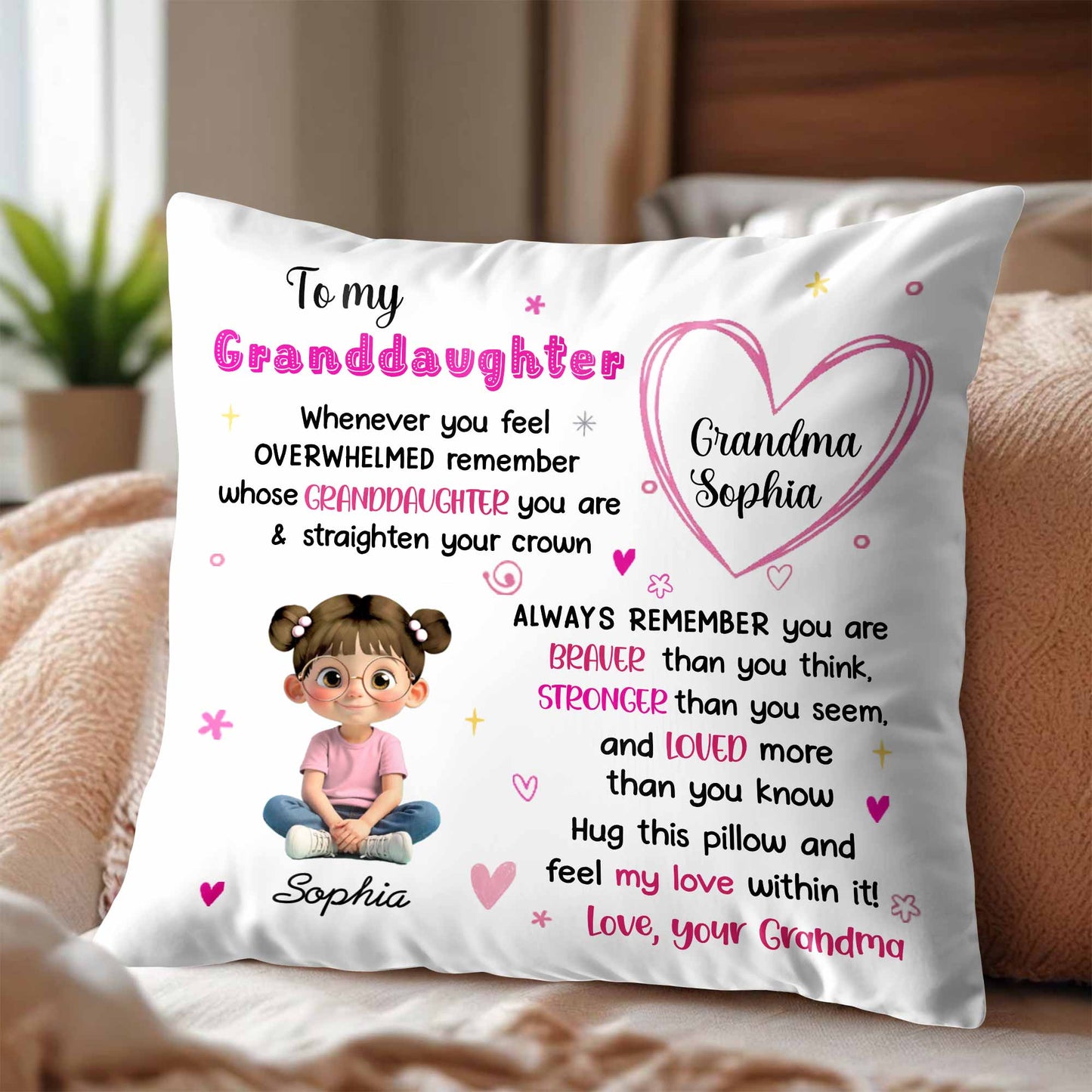 To My Granddaughter, Feel My Love, Heart and Cartoon Girl - Personalized Custom Pillow, Insert Included - GDT427_PLW