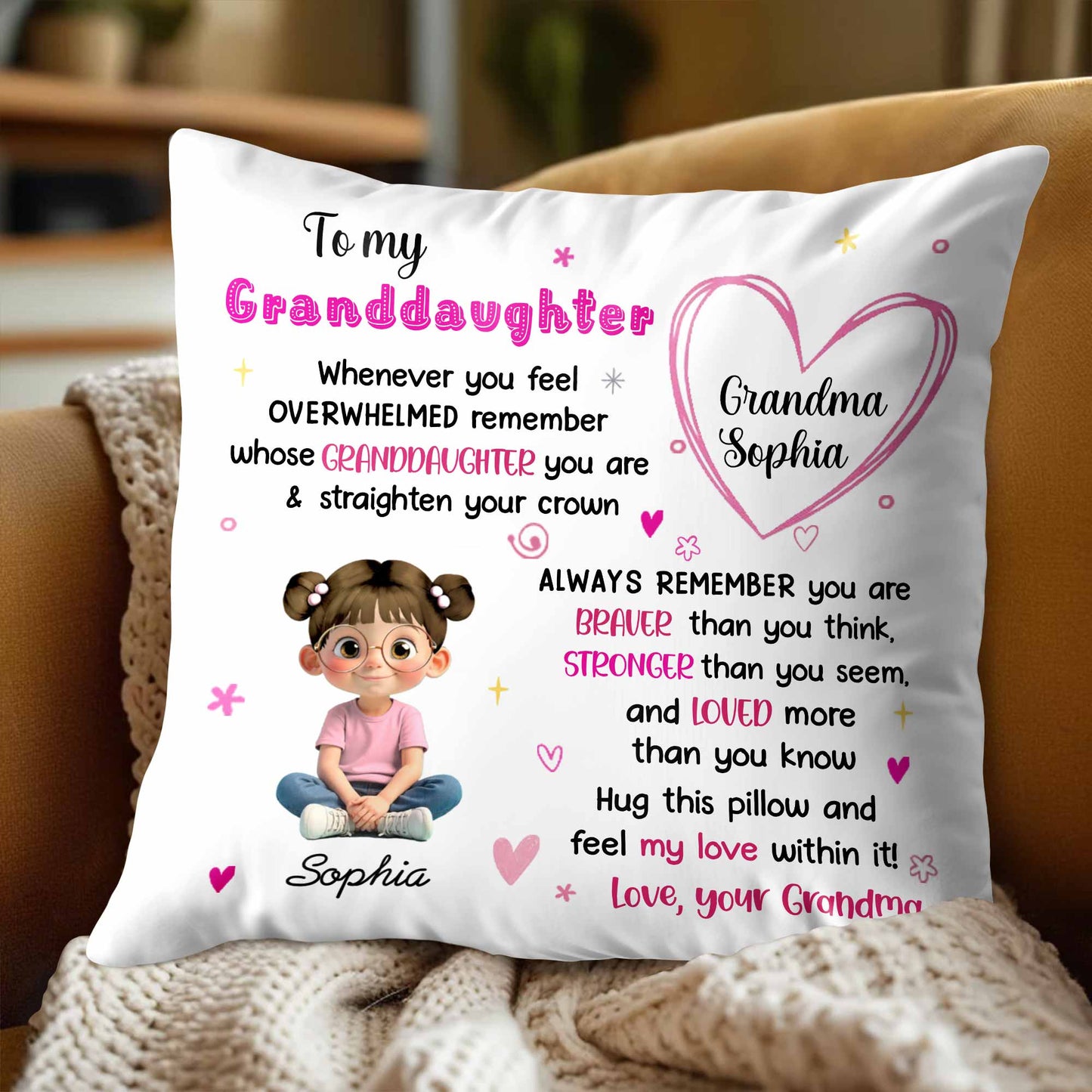 To My Granddaughter, Feel My Love, Heart and Cartoon Girl - Personalized Custom Pillow, Insert Included - GDT427_PLW
