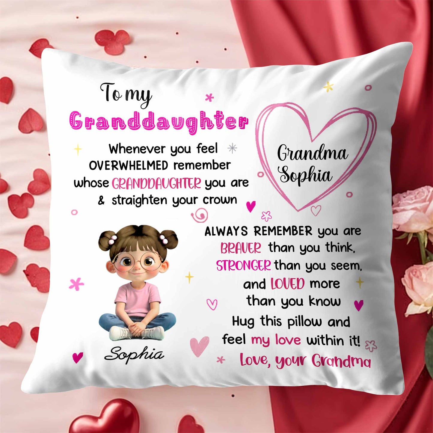 To My Granddaughter, Feel My Love, Heart and Cartoon Girl - Personalized Custom Pillow, Insert Included - GDT427_PLW