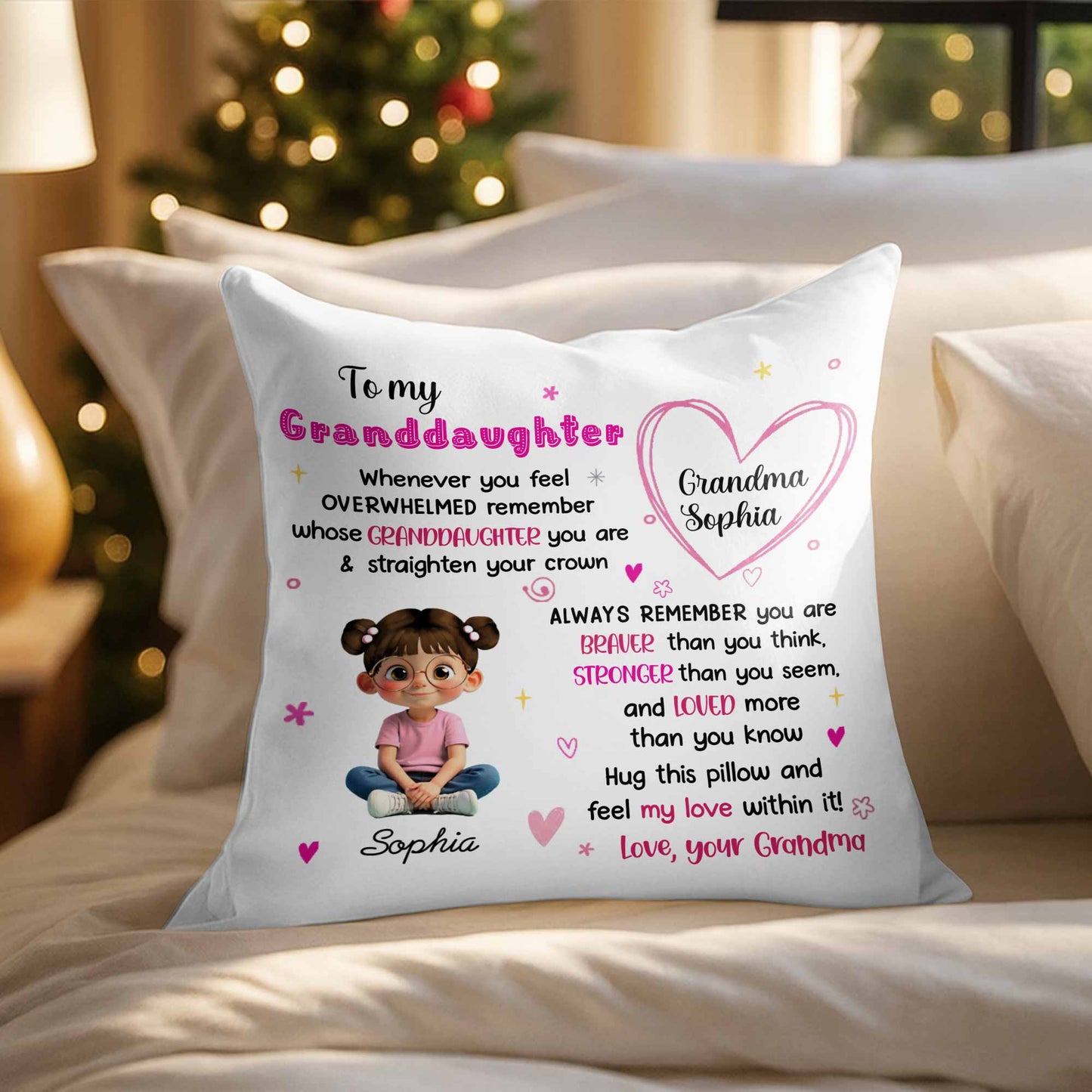 To My Granddaughter, Feel My Love, Heart and Cartoon Girl - Personalized Custom Pillow, Insert Included - GDT427_PLW