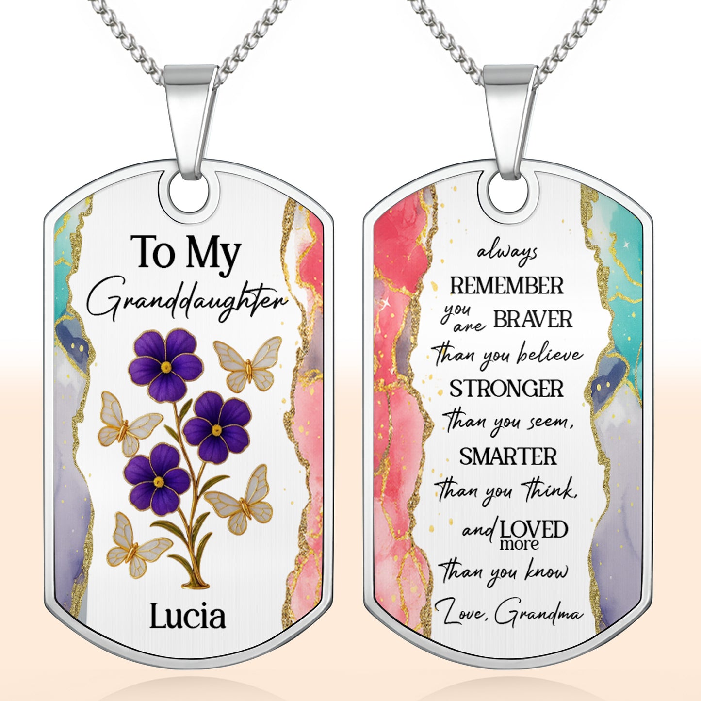 To My Granddaughter, Flowers And Butterflies Necklace - Personalized Custom Dog Tag Necklace - GDT429_DTNECK