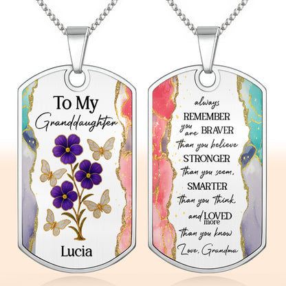 To My Granddaughter, Flowers And Butterflies Necklace - Personalized Custom Dog Tag Necklace - GDT429_DTNECK