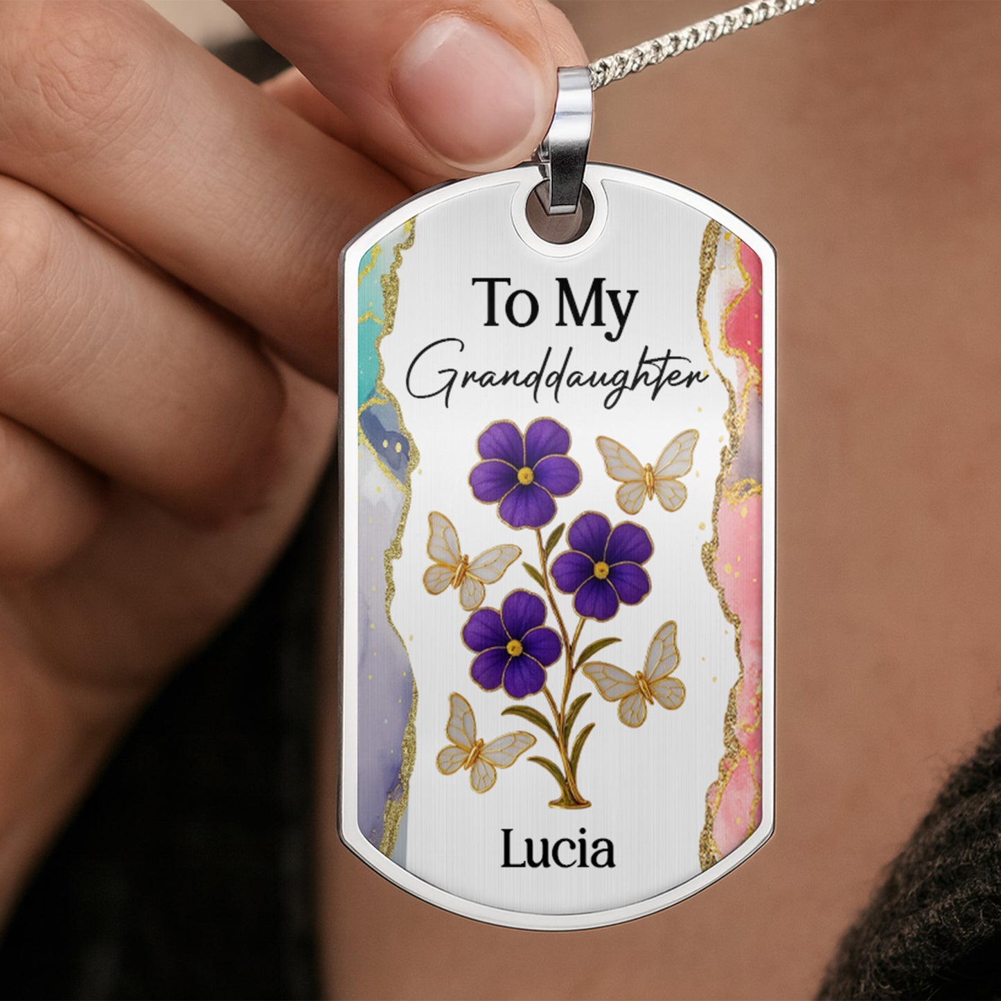 To My Granddaughter, Flowers And Butterflies Necklace - Personalized Custom Dog Tag Necklace - GDT429_DTNECK