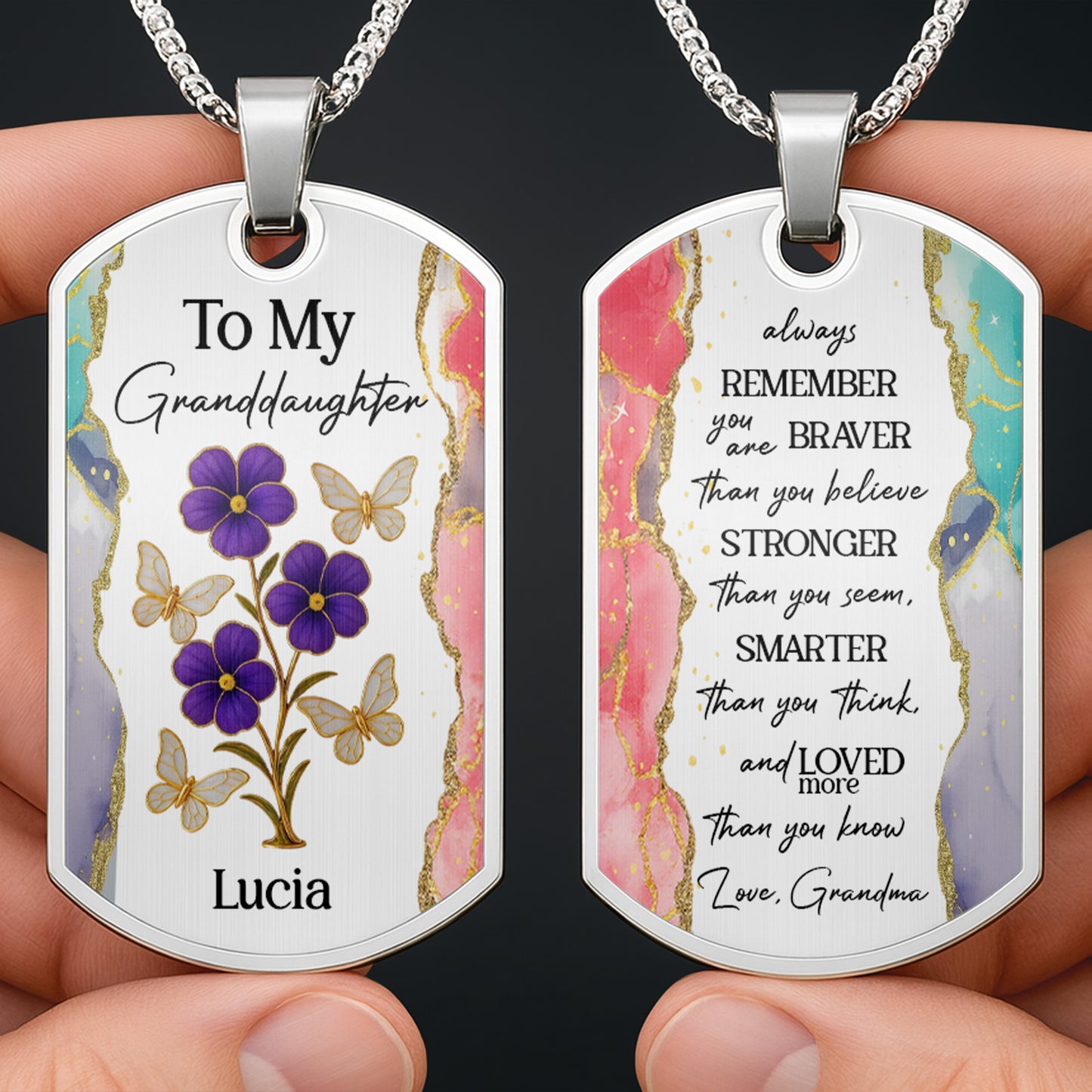 To My Granddaughter, Flowers And Butterflies Necklace - Personalized Custom Dog Tag Necklace - GDT429_DTNECK