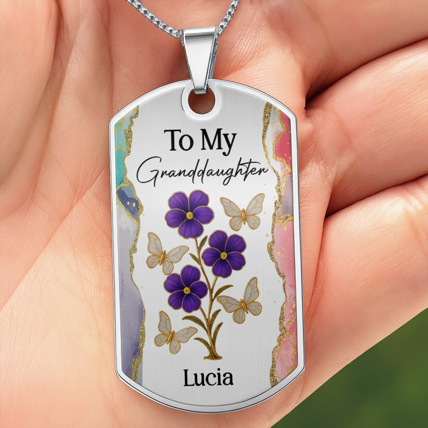 To My Granddaughter, Flowers And Butterflies Necklace - Personalized Custom Dog Tag Necklace - GDT429_DTNECK