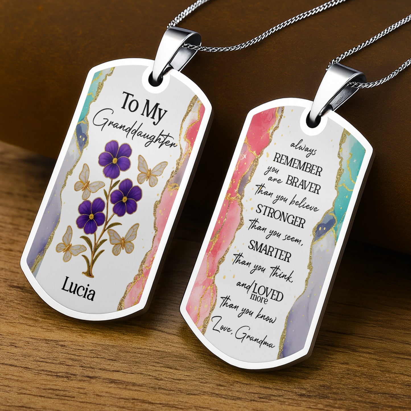 To My Granddaughter, Flowers And Butterflies Necklace - Personalized Custom Dog Tag Necklace - GDT429_DTNECK