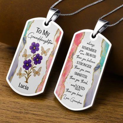 To My Granddaughter, Flowers And Butterflies Necklace - Personalized Custom Dog Tag Necklace - GDT429_DTNECK