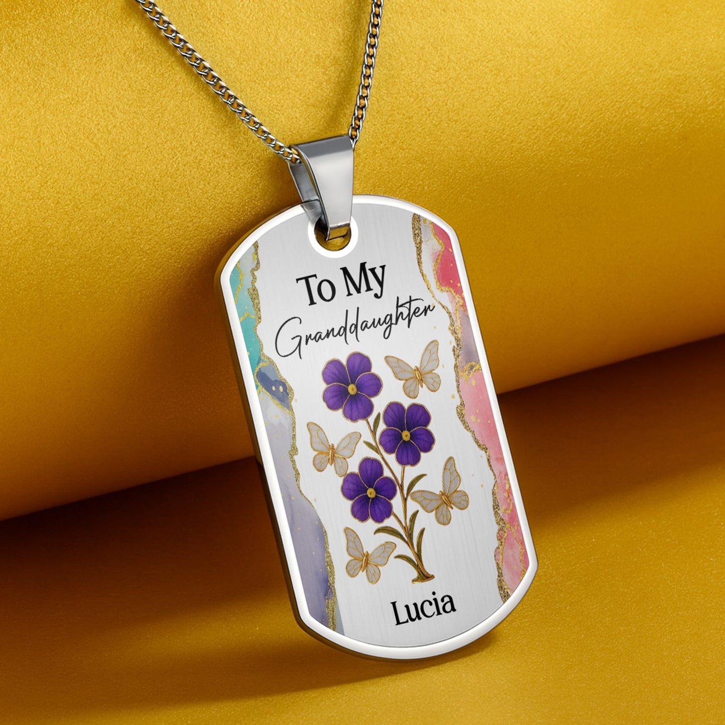 To My Granddaughter, Flowers And Butterflies Necklace - Personalized Custom Dog Tag Necklace - GDT429_DTNECK