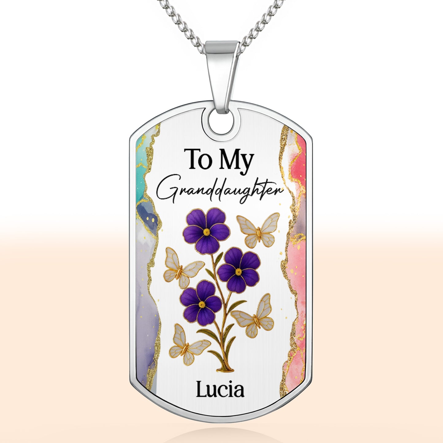 To My Granddaughter, Flowers And Butterflies Necklace - Personalized Custom Dog Tag Necklace - GDT429_DTNECK
