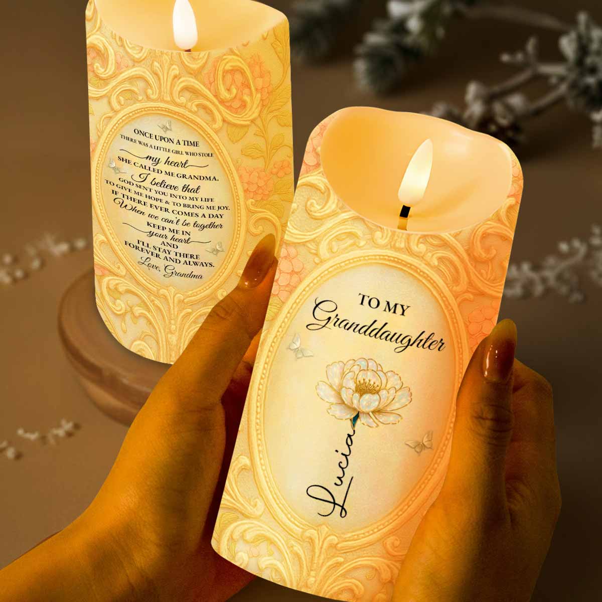 To My Granddaughter, A Keepsake Candle With Flower And Butterfly
