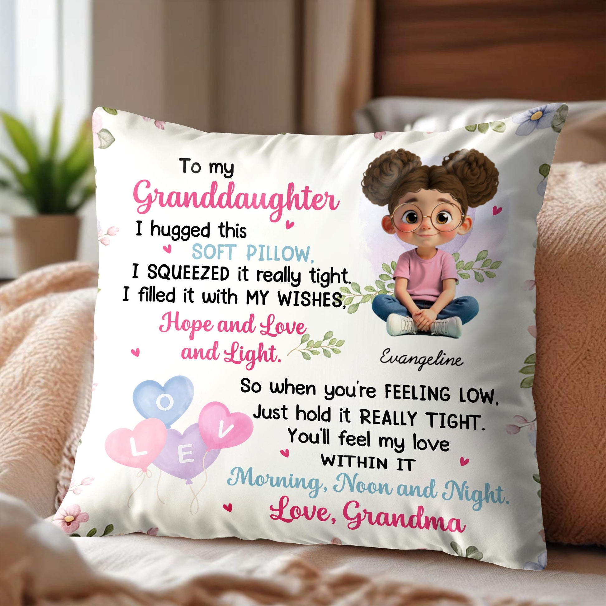 To My Granddaughter, Girl, Hearts, Flowers On Pillow