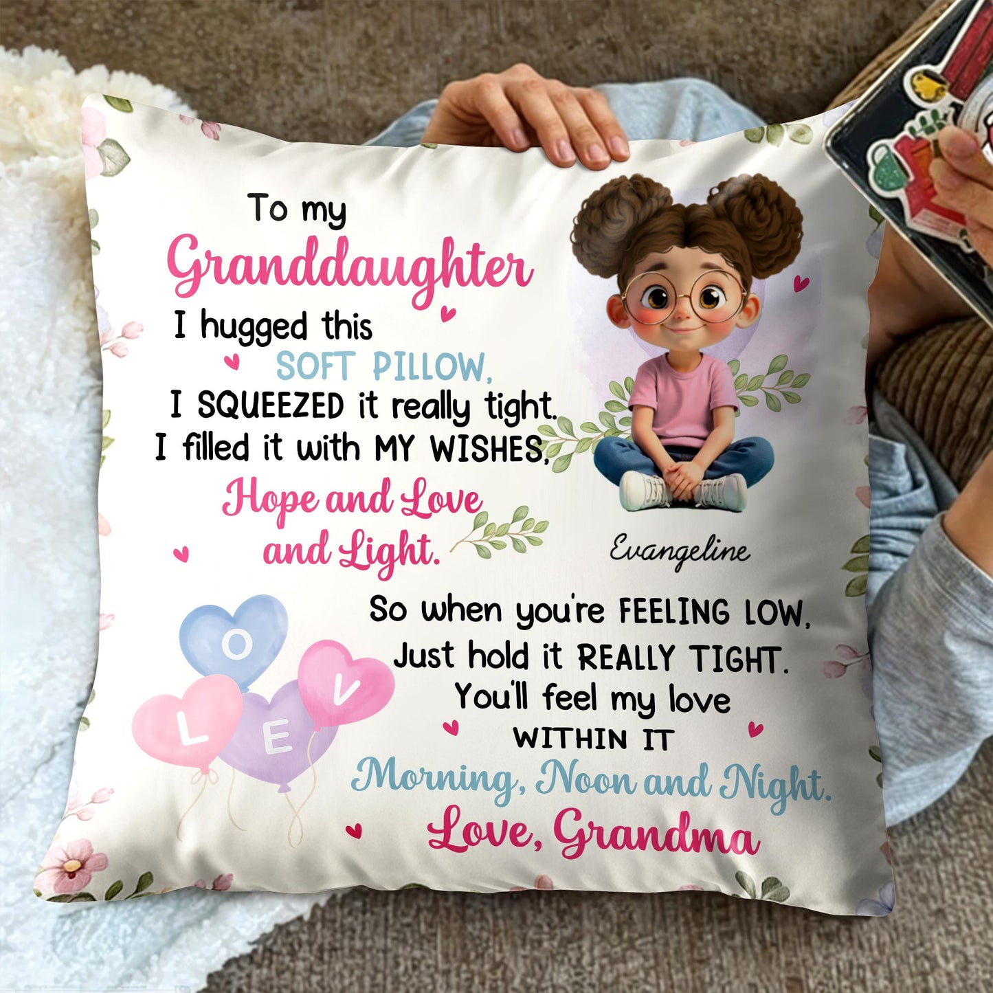 To My Granddaughter, Girl, Hearts, Flowers On Pillow