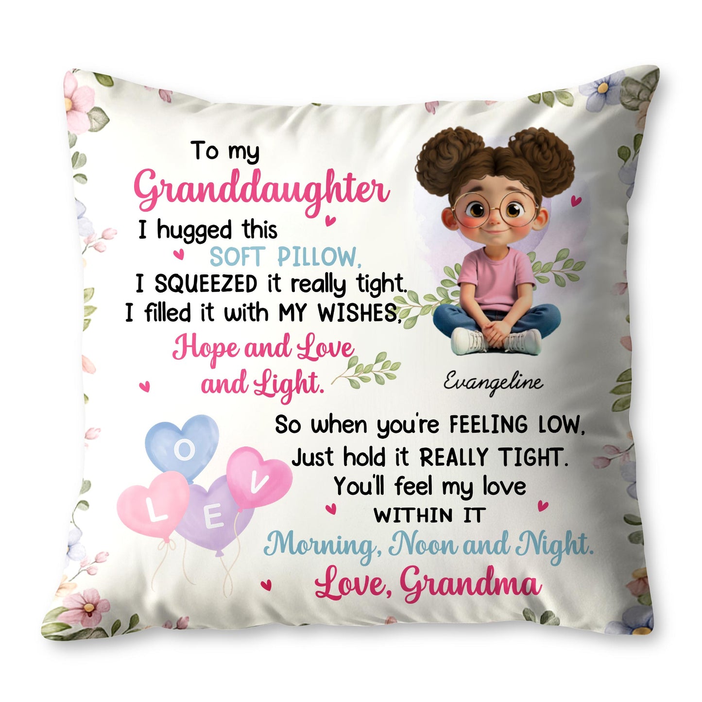 To My Granddaughter, Girl, Hearts, Flowers On Pillow