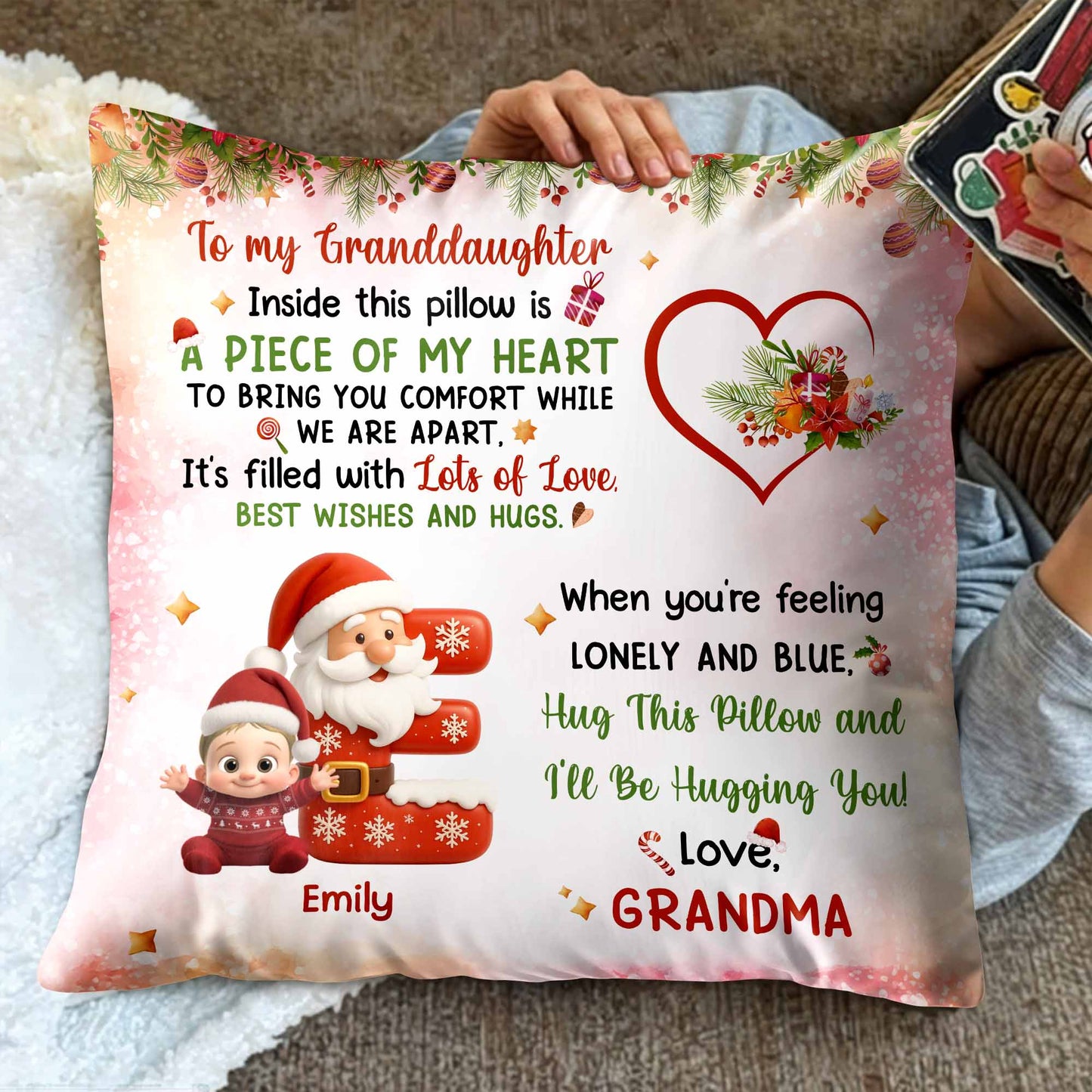 To My Granddaughter, A Piece Of My Heart Pillow With Santa And Elf