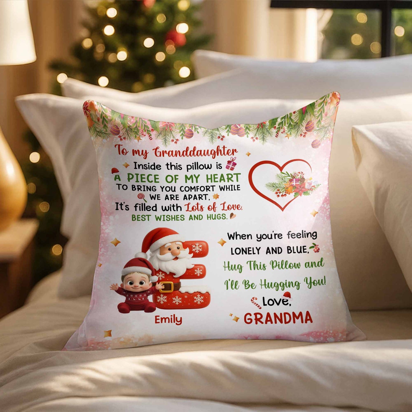 To My Granddaughter, A Piece Of My Heart Pillow With Santa And Elf