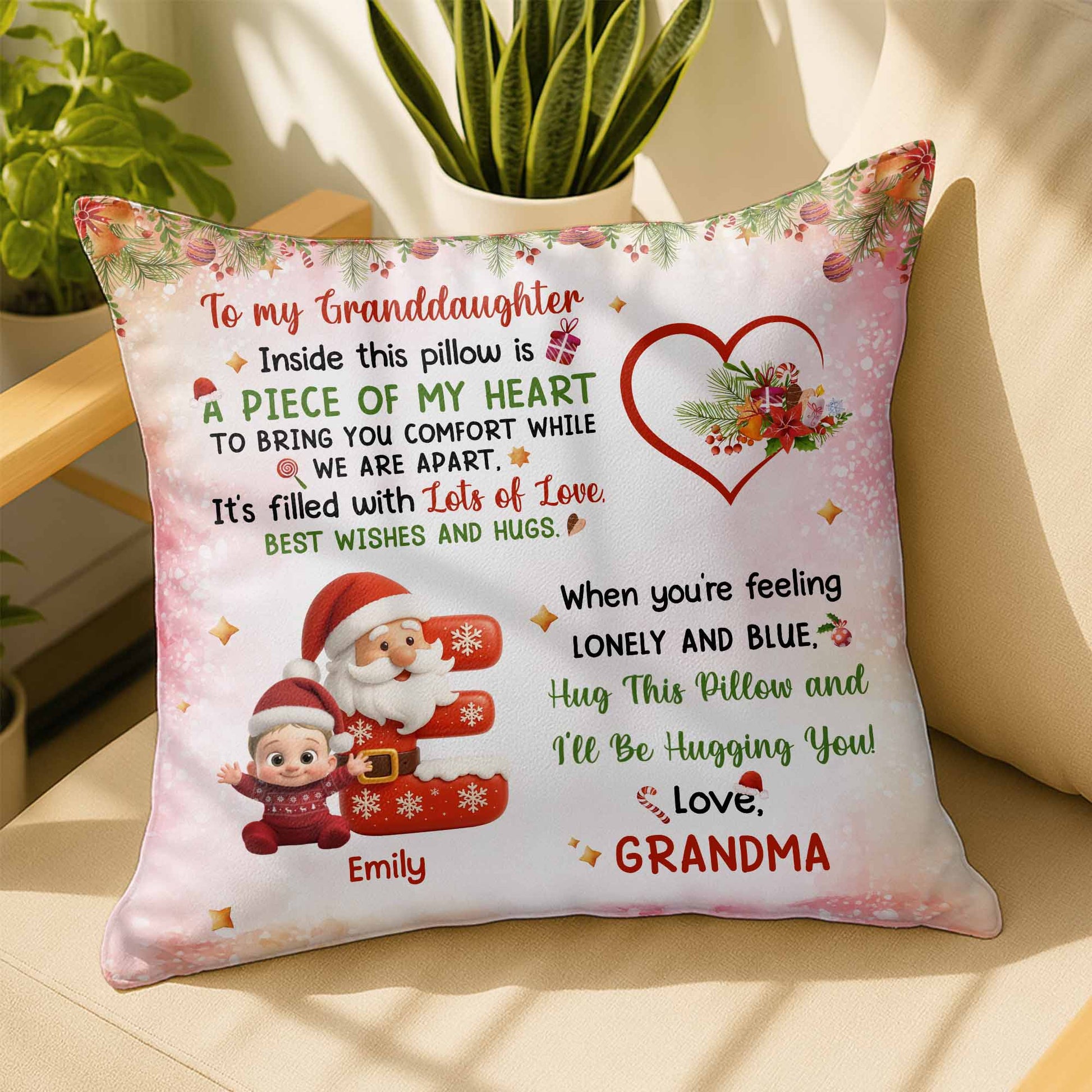 To My Granddaughter, A Piece Of My Heart Pillow With Santa And Elf