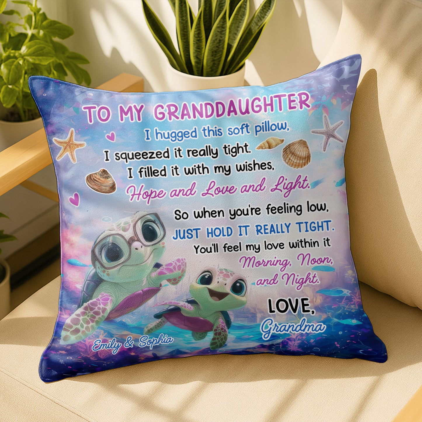To My Granddaughter, Hugged This Soft Pillow, Turtles And Sea Shells