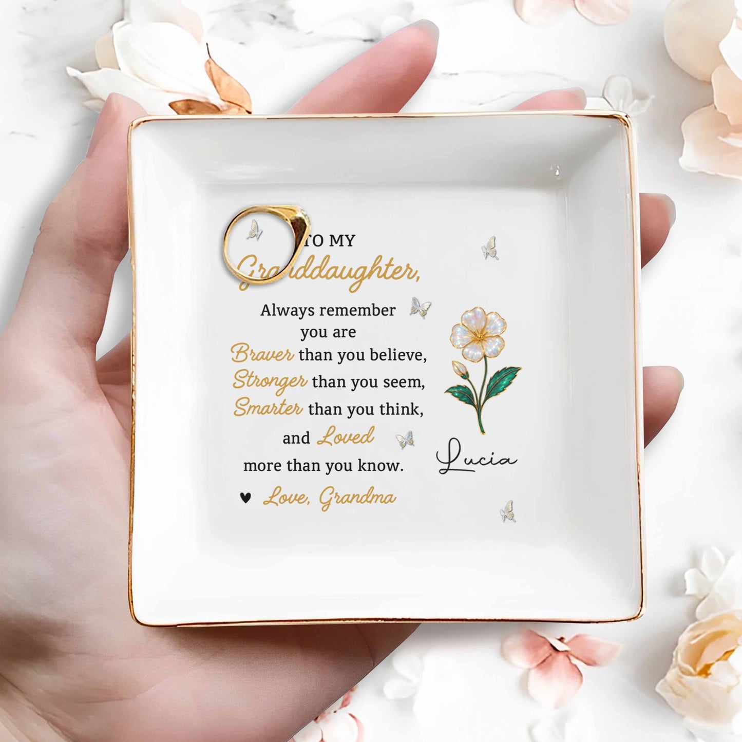 To My Granddaughter Remember You Are Braver, Loved More Than You Know - Personalized Custom Jewelry Dish, Square Ceramic Dish - GDT550_SCRD