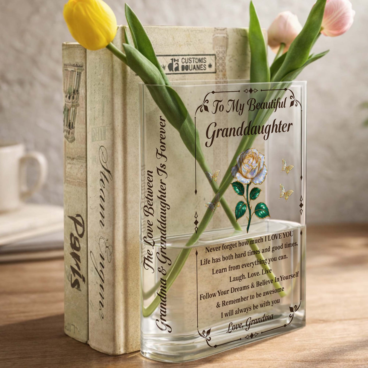 To My Beautiful Granddaughter, Rose And Butterflies Vase