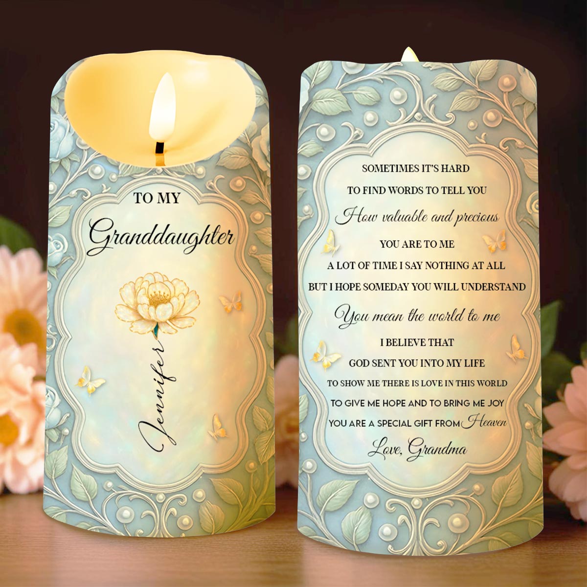 To My Daughter, Flowers and Butterflies - Personalized Custom LED Candle - GDT564_LECA