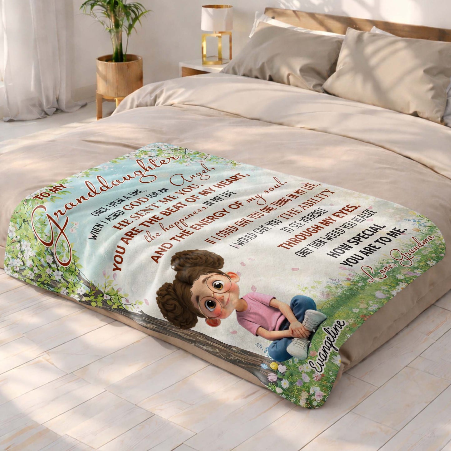To My Granddaughter, Once Upon A Time, Glasses And Flowers - Personalized Custom Blanket - GDT577_BLK
