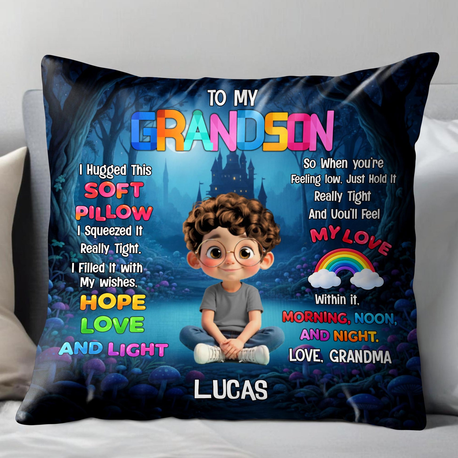 To My Grandson I Hugged This Soft Pillow With Boy And Castle