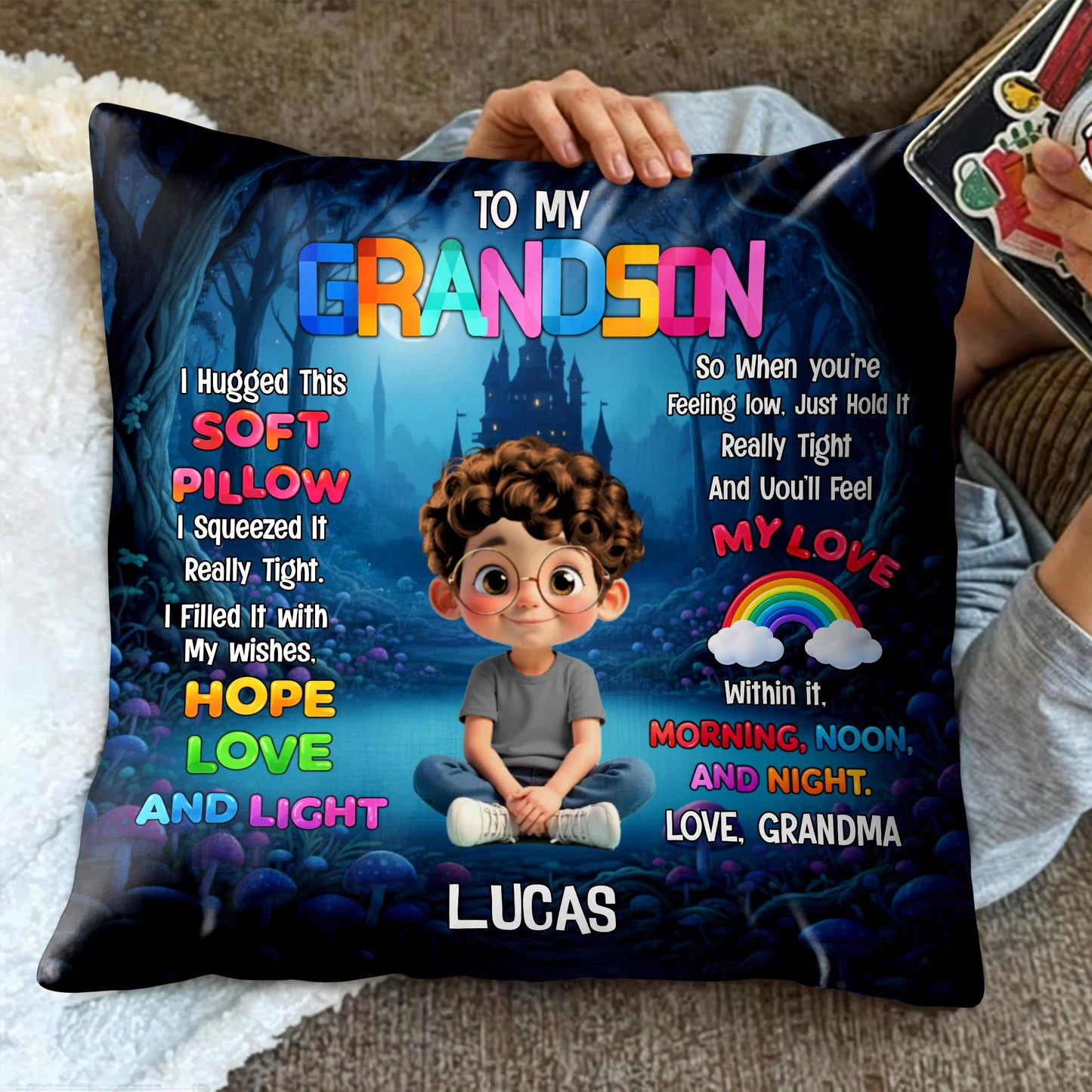 To My Grandson I Hugged This Soft Pillow With Boy And Castle