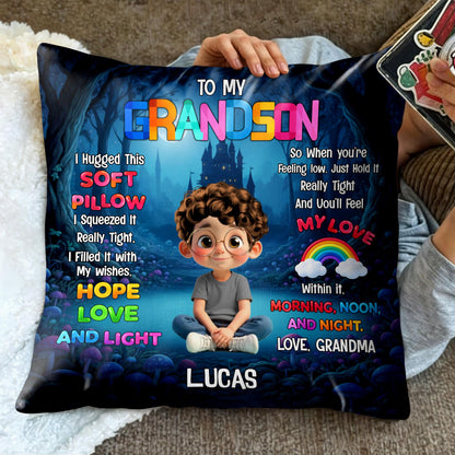 To My Grandson I Hugged This Soft Pillow With Boy And Castle