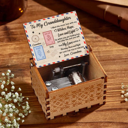 To My Granddaughter, Music Box With Postage Stamps Design