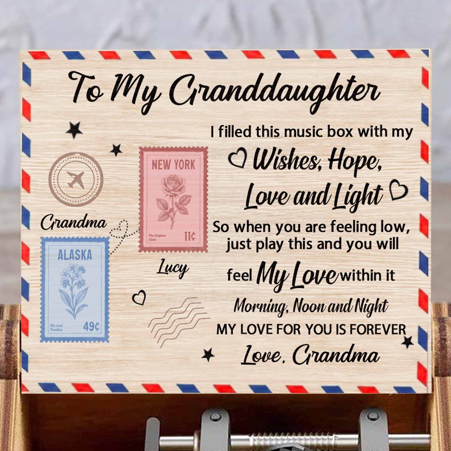 To My Granddaughter, Music Box With Postage Stamps Design