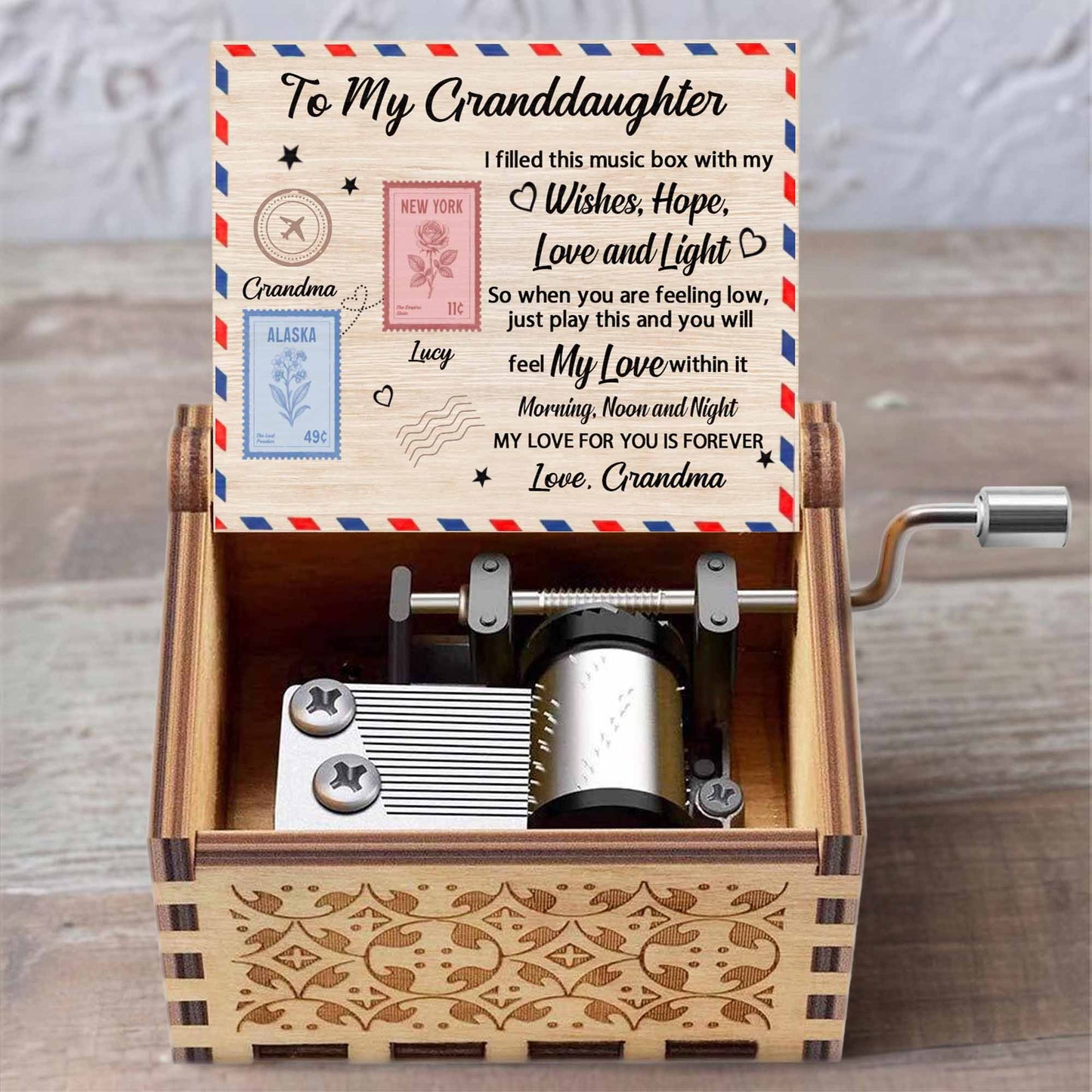 To My Granddaughter, Music Box With Postage Stamps Design