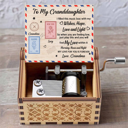 To My Granddaughter, Music Box With Postage Stamps Design