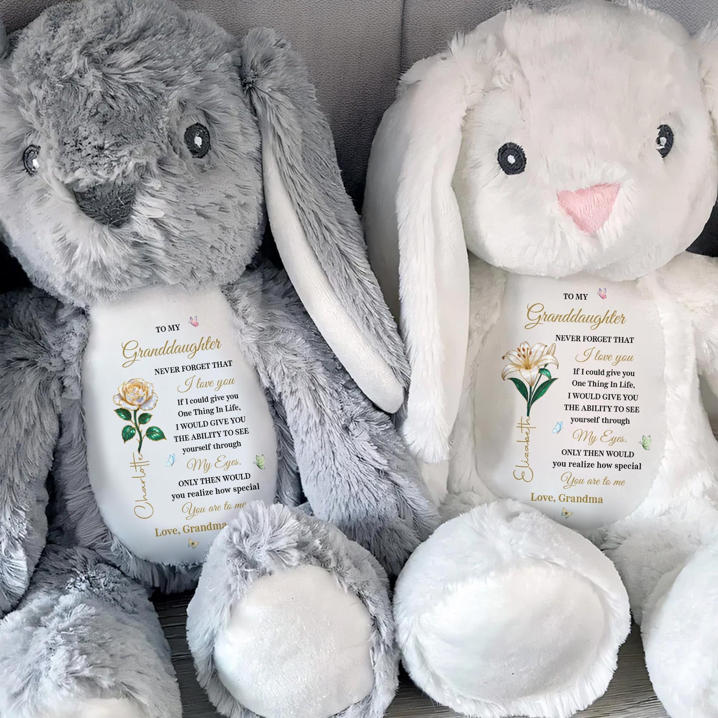 To My Granddaughter, Love Grandma, Flowers Bunny - Personalized Stuffed Bunny - GDT607_BUN